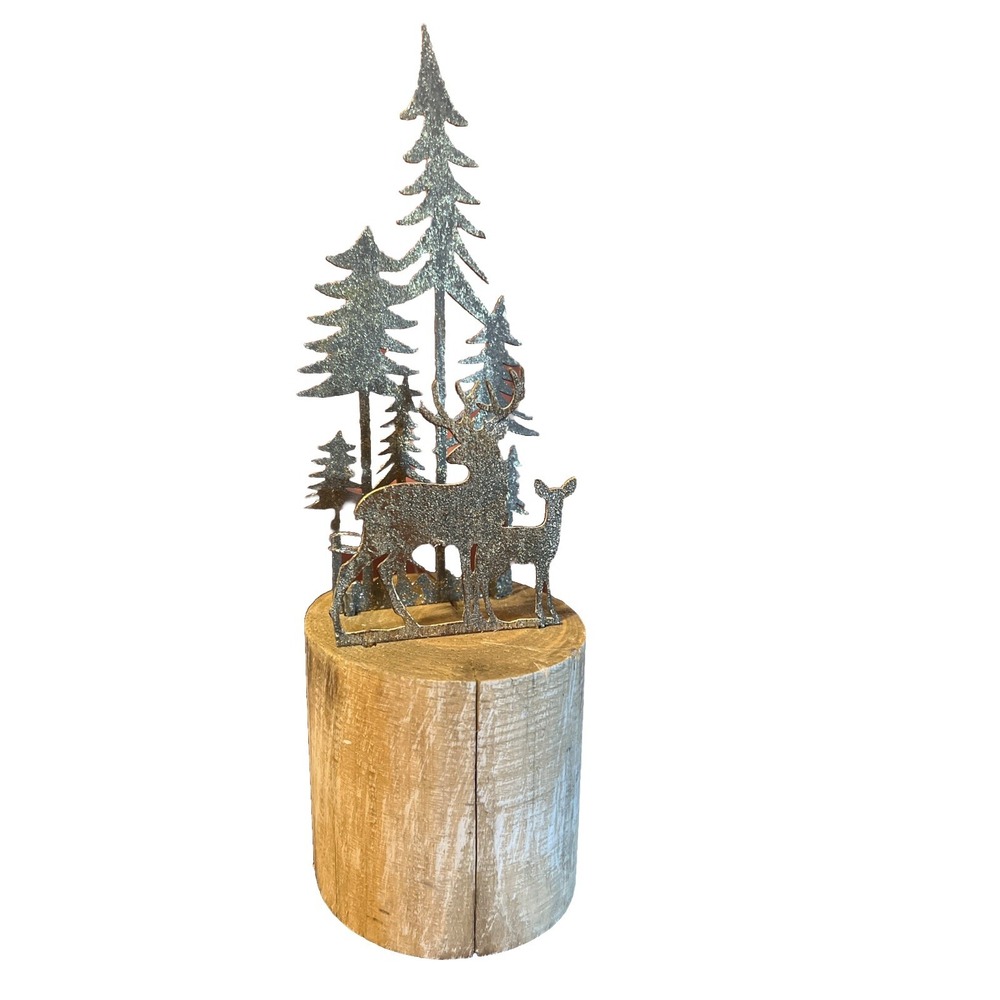 Silver Tree Holidays Christmas Decor Deer & Gold Metal Trees On Wood Trunk Base‎